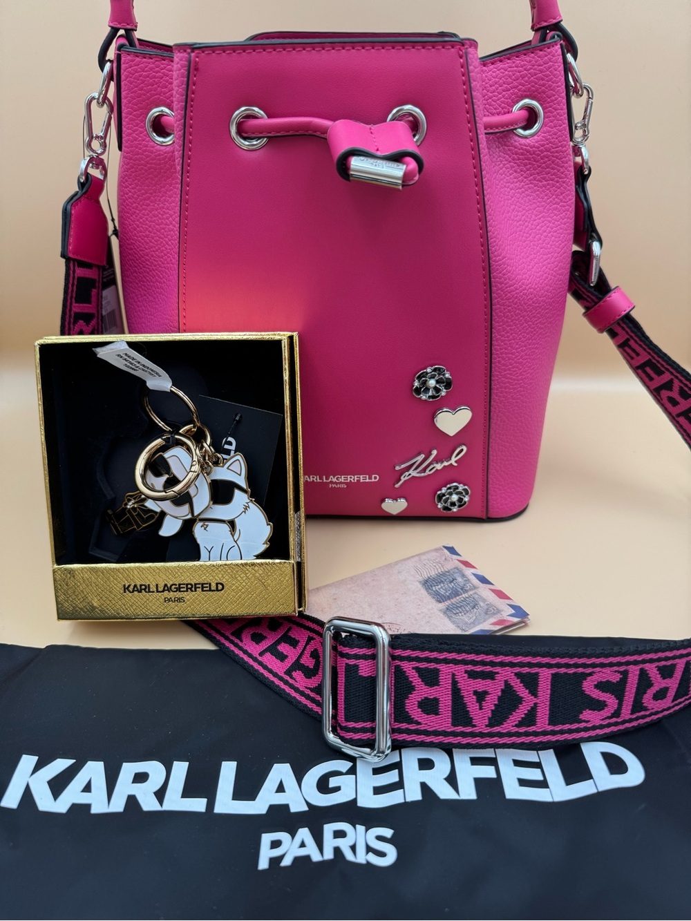 Pink Drawstring Bucket Crossbody Bag + KARL & CHOUPETTE DUO BAG CHARM - Picture 1 of 17